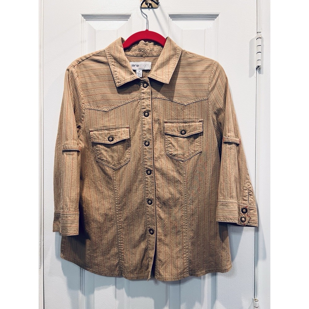 Lana Sport Women's Western Striped Shirt Size 12 Roll Tab Sleeve Tan Cotton